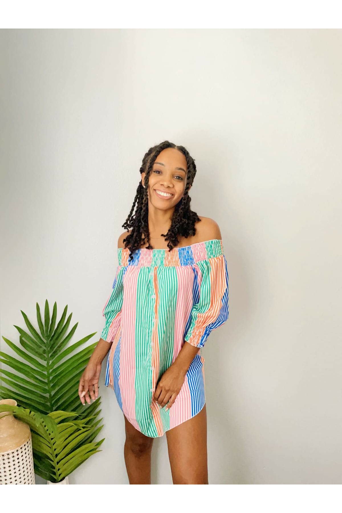 off shoulder striped shirt dress Claudia Striped Off Shoulder Collared Belted Sleeveless Shirt Dress in Cotton M